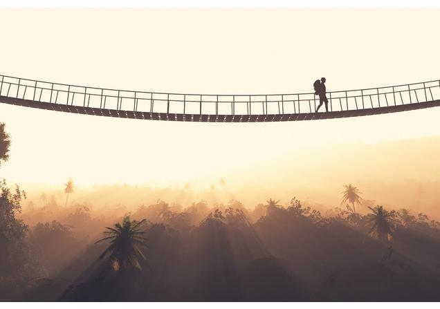 A person crossing a rope bridge. Image by Orla via Shutterstock.