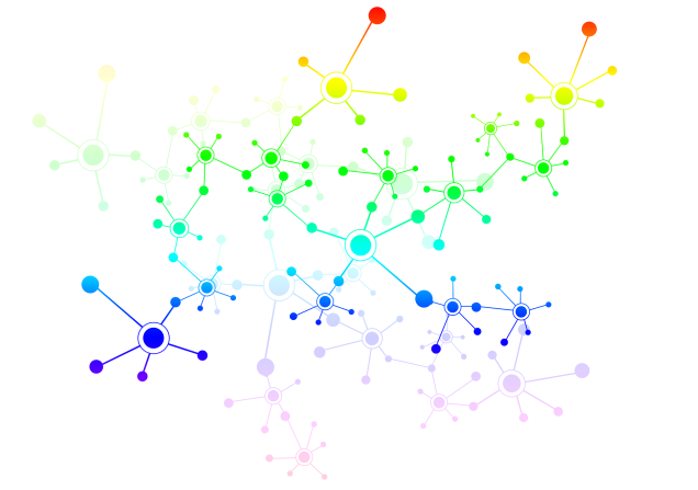 The image shows clusters of connected dots in different colours - red, yellow, green, blue, purple... Image by ElisaRiva via Pixabay