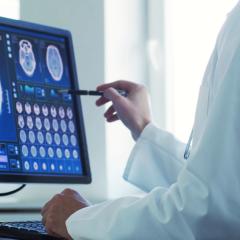 Image by Max Acronym via Shutterstock A doctor looking at a brain scan on a screen. Image by Max Acronym via Shutterstock