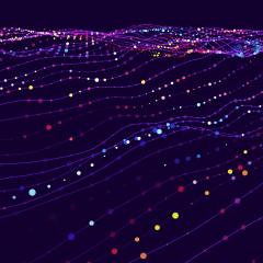 Image by SkillUp via Shutterstock. Thin purple wavy lines with small, brightly coloured dots, all against a dark background, representing data flows. Image by SkillUp via Shutterstock.